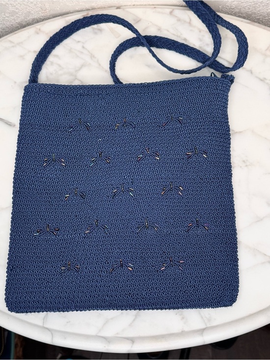Vintage Handbags - Handwoven Blue Crossbody Bag with beautiful dragonfly Bead Embellishments